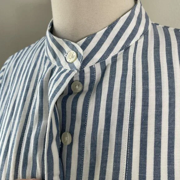 KOTN Shirt Womens Petite Small Blue Stripe Cropped Button Front Top Cotton Linen - Picture 6 of 8